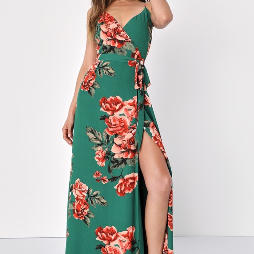 Lulu's Floral Flirtation Green Floral Wrap Maxi Dress Size XS EUC